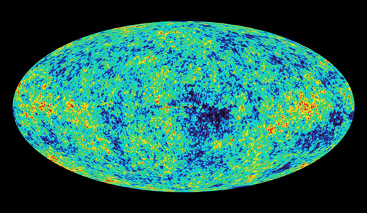 NASA’s WMAP satellite image shows a (mostly) uniform cosmic microwave background radiation. [