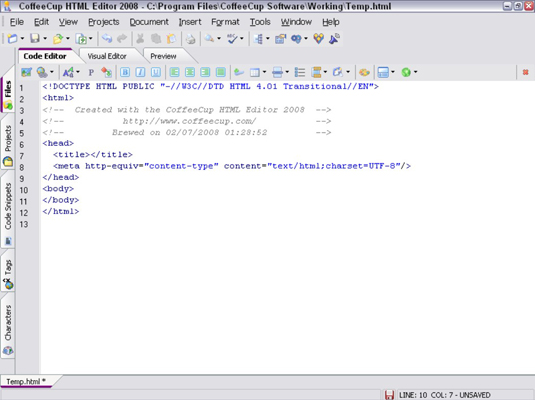 Choose Start→Programs→CoffeeCup Software→CoffeeCup HTML Editor 2008.