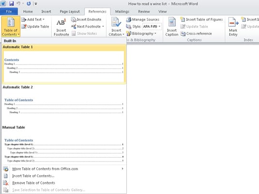 Office Table Of Contents Template