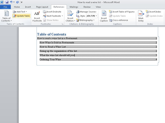 table of contents microsoft word