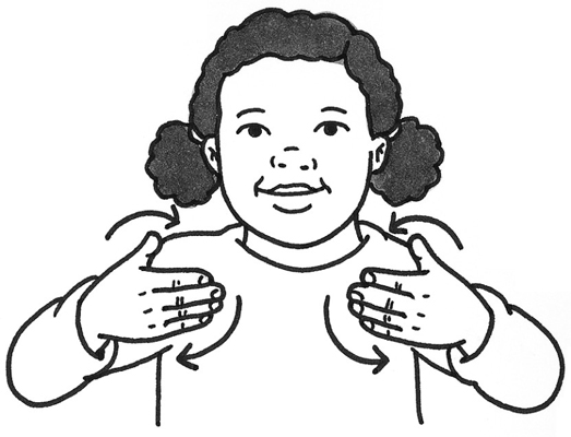 With her hands at upper-chest, a girl makes little circles with her palms to show she is happy.