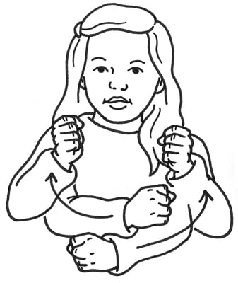 Girl signs she is safe in American Sign Language.