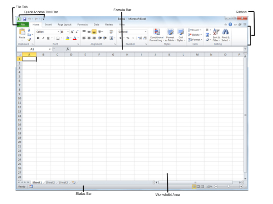 The Excel 2010 program window that appears when you start the program.