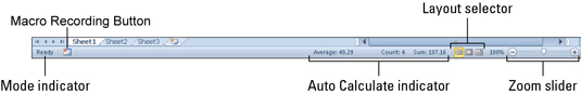 View and change settings (such as Zoom and the worksheet view) in the Status bar.