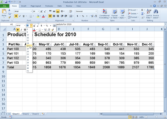 Apply common formatting changes with the mini toolbar in Excel 2010.