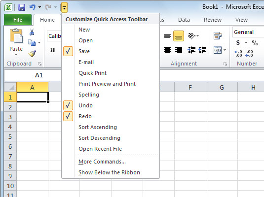 Use this menu to add common commands to the Quick Access toolbar.
