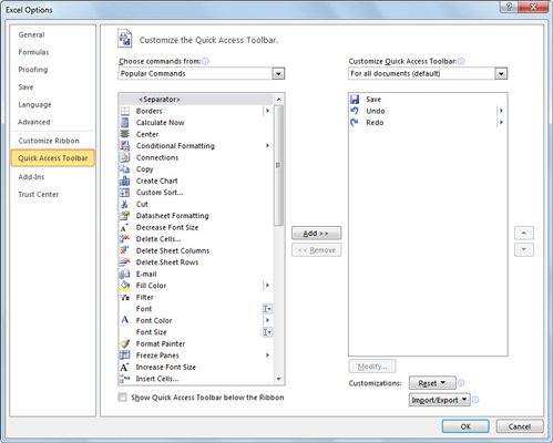 Use the Excel Options dialog box to add any Excel 2010 command to the Quick Access toolbar.