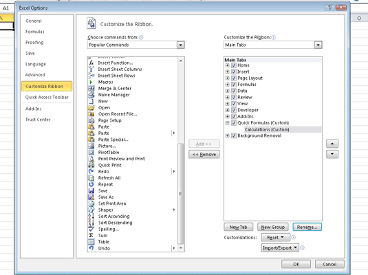 To rename the custom tab or group, select it and click the Rename button, type the new group name in the Display Name text box, and click OK.