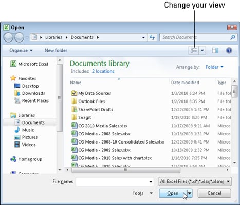 The Open dialog box as it appears when running Excel 2010 on Windows 7.