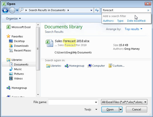 Use the Search Documents text box in the Open dialog box to quickly search for any Excel workbook o
