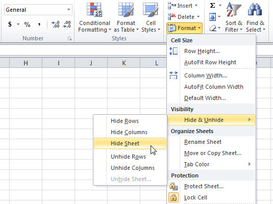 In the Cells group on the Home tab, choose Format→Hide & Unhide→Hide Sheet.