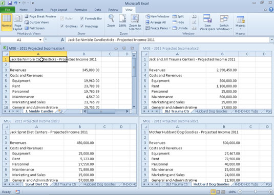 Arrange four worksheet windows with the Tiled option.