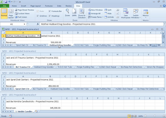 Four worksheet windows arranged with the Horizontal option.