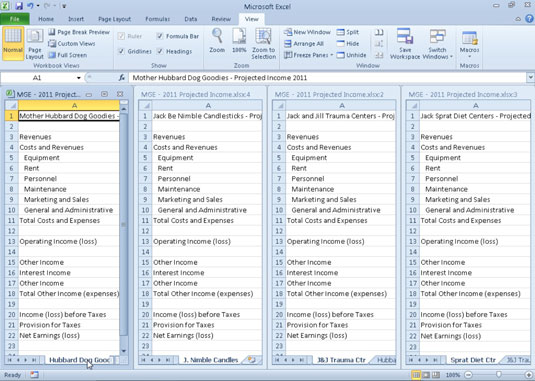 Arrange four worksheet windows with the Vertical option.