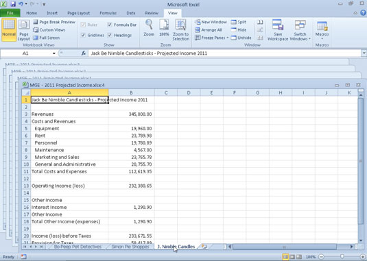 Four worksheet windows arranged with the Cascade option.