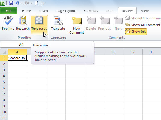 Click the Thesaurus button in the Proofing group on the Review tab (or press Shift+F7).