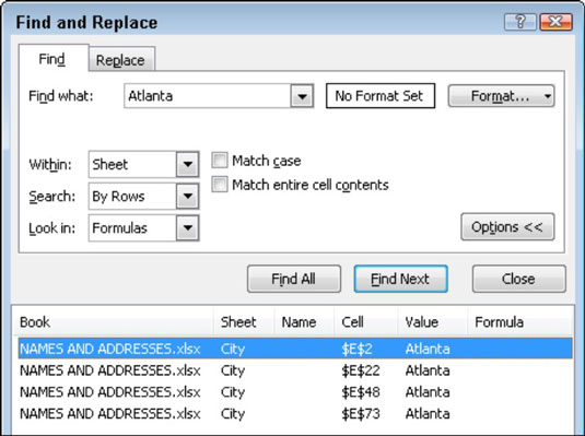 Use Find All to display a list of all found results in the Find and Replace dialog box.