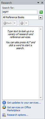 Type the word or phrase you want to locate in the Search For text box at the top of the Research task pane.