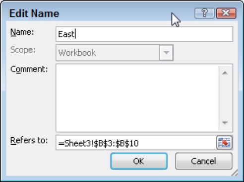 Use the Edit Name dialog box to change the name or location of a range name.