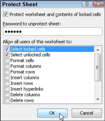 Select protection settings in the Protect Sheet dialog box.