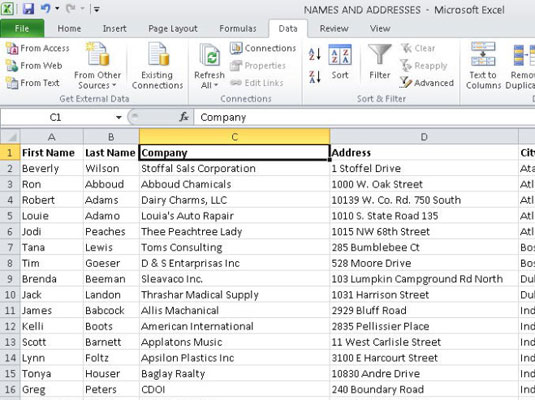 Create a contiguous list with headings specifying the contents of each column.