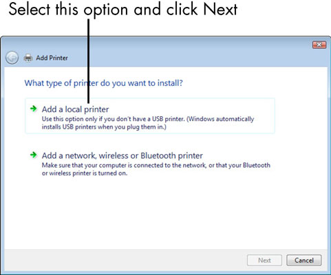 If you choose the third option in Step 2, in the Devices and Printers window that appears, click the Add a Printer link near the top.