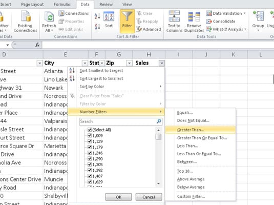 Point to Number Filters in the drop-down list.