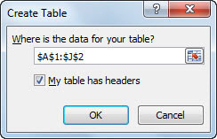 Click the Table command button in the Tables group of the Insert tab.