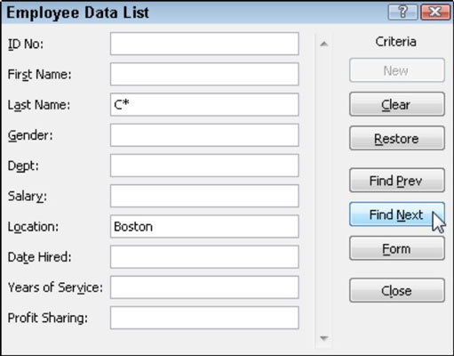 Use the Criteria button to search records based on known data.