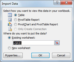 Specify how and where to import the Access data in the Import Data dialog box.