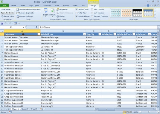 A worksheet after importing an Access data table.