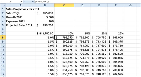 Sales projection worksheet after creating the two-variable data table in the range C8:F17.