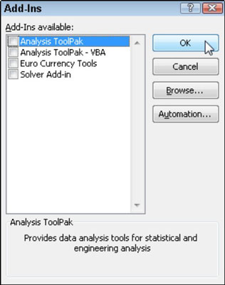 Activating built-in add-ins in the Add-Ins dialog box.