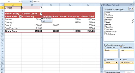 Pivot table after filtering two fields in the table.