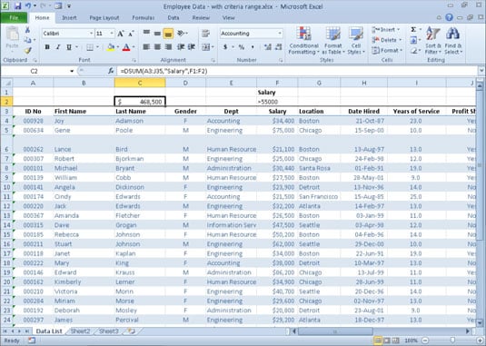 Using DSUM to total the salaries over $55,000 in an Employee database.