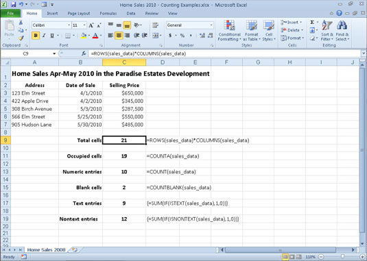 A home sales worksheet that uses various counting functions.