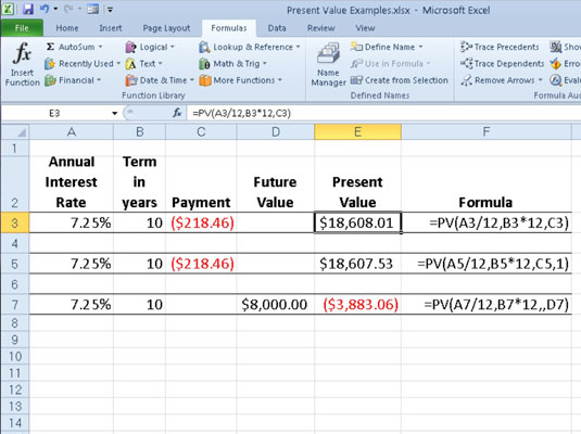 Using the PV function to calculate the present value of various investments.