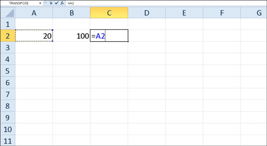 To start the formula, type =, and then select cell A2.