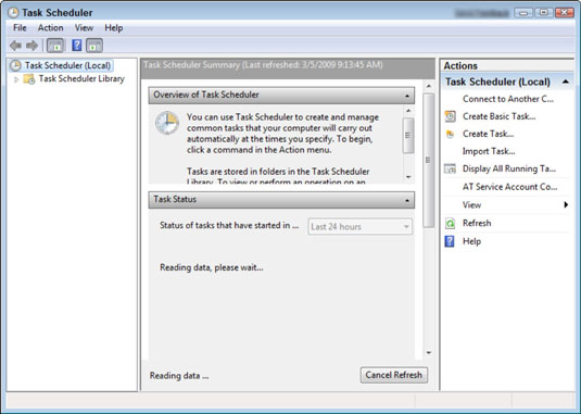 The Task Scheduler dialog box in the Windows Control Panel.