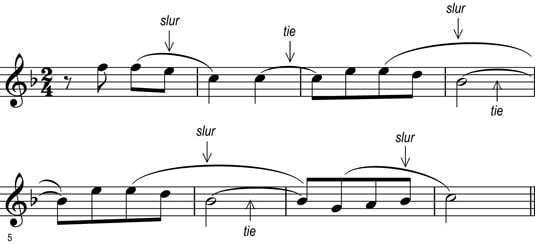 Notes grouped by a slur (played smoothly) and notes tied (held for the value of both notes).