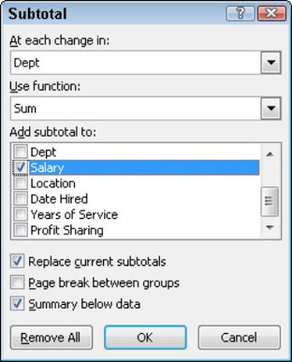 Use the Subtotal dialog box to specify the options for the subtotals.