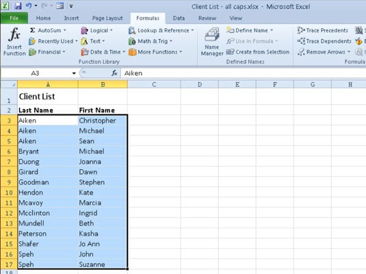 This worksheet lists the last and first names of clients in separate columns.