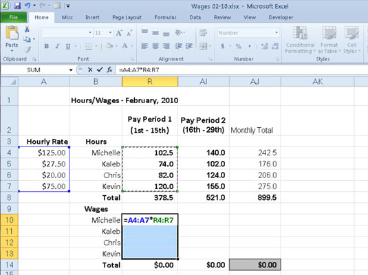 Building an array formula to calculate hourly wages for the first pay period.