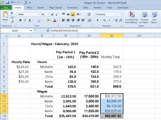 Hourly wage spreadsheet after entering all three array formulas.