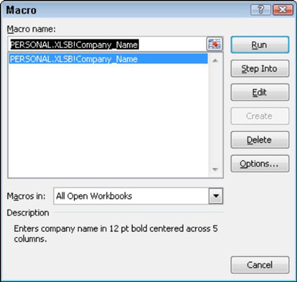 Selecting the macro to run in the Macro dialog box.