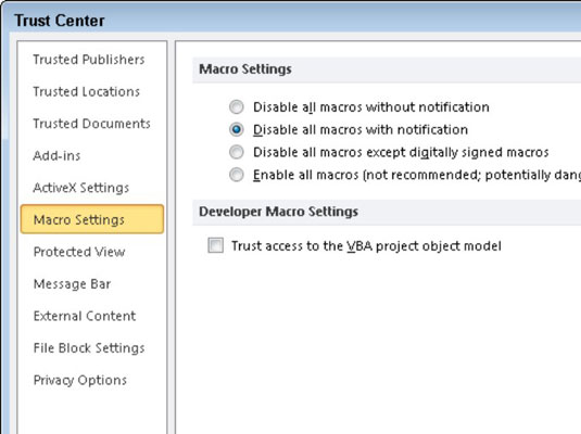 Change the security level in the Trust Center dialog box.