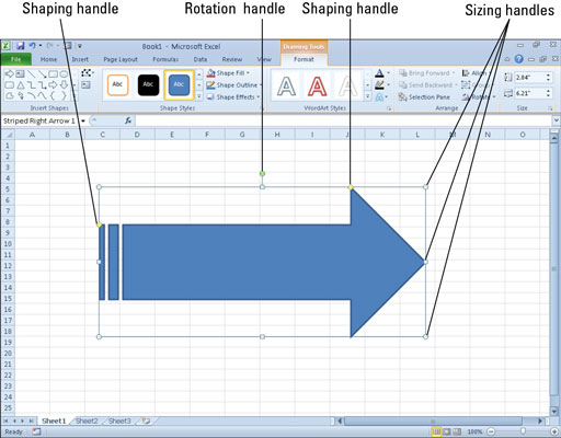 When you click a graphic object to select it, the rotation and circular sizing handles appear.