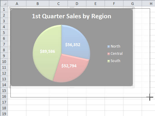 Drag a side or corner handle of a selected chart to resize it.