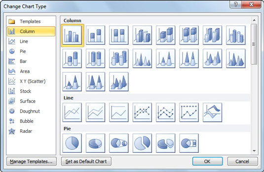 Use the Change Chart Type dialog box to switch to another chart type.