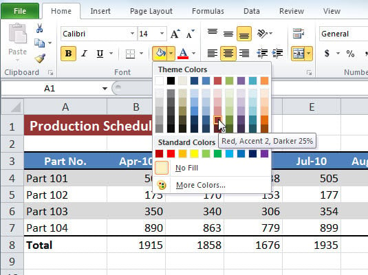 Use the Fill Color button to choose a solid background color to add to selected cells.